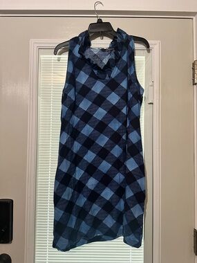 crown & ivy Blue Plaid Ruffle Neck Sleeveless Mini Dress